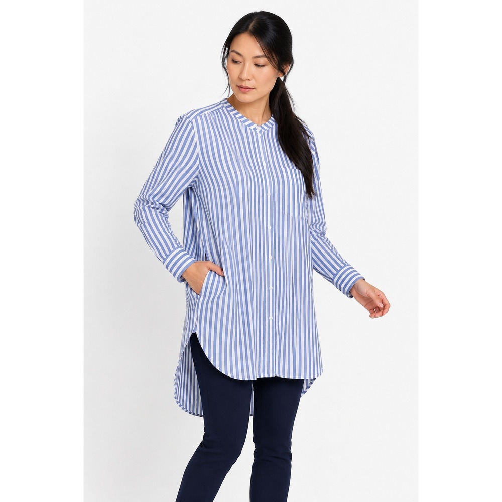 Lands End Cotton Tunic Shirt Womens L Tall Blue White Stripe Pockets Coastal